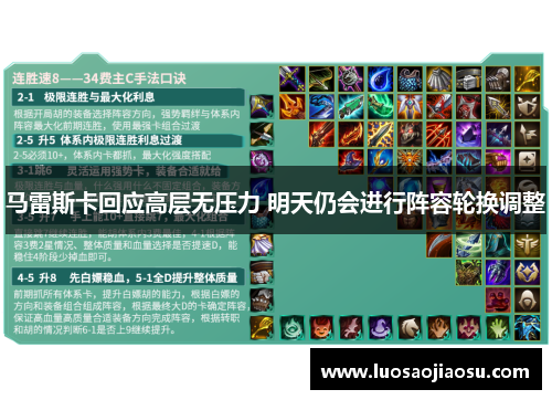 马雷斯卡回应高层无压力 明天仍会进行阵容轮换调整