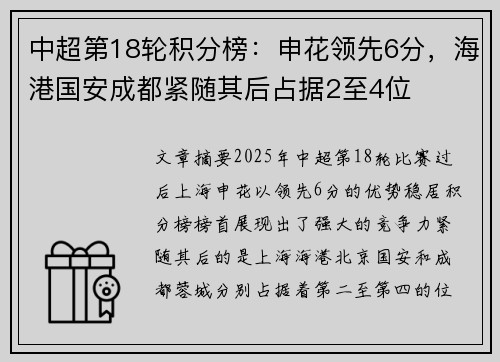 中超第18轮积分榜：申花领先6分，海港国安成都紧随其后占据2至4位
