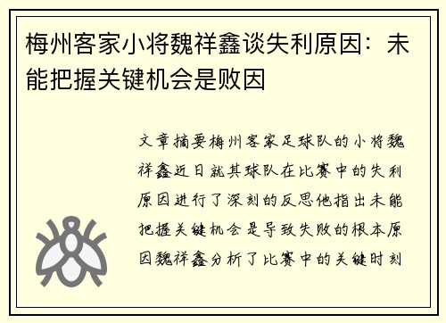 梅州客家小将魏祥鑫谈失利原因：未能把握关键机会是败因